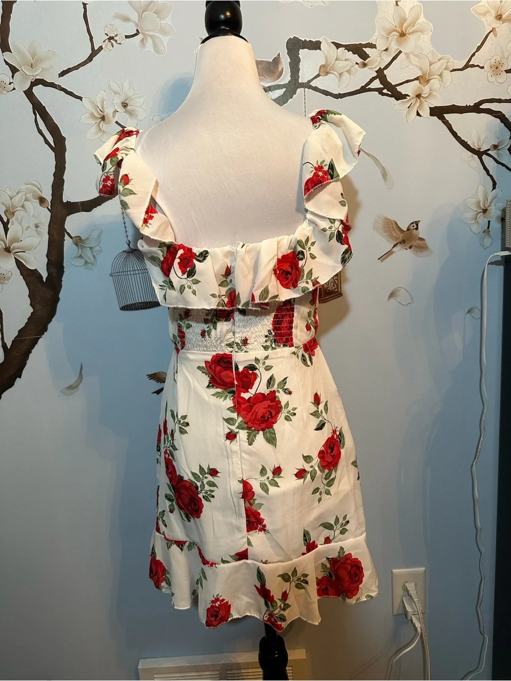 Floral Ruffle Dress — White with Red Roses - Picture 3 of 4